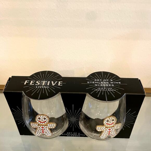 Christmas Jeweled GINGERBREAD Stemless Wine Glass Set of 2 Holiday Barware New - Picture 4 of 11